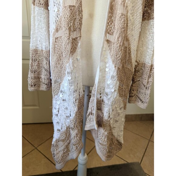 Chicos Open Knit Cardigan Size 1 M Beige White Striped Sequin Boho Coastal - Picture 7 of 12